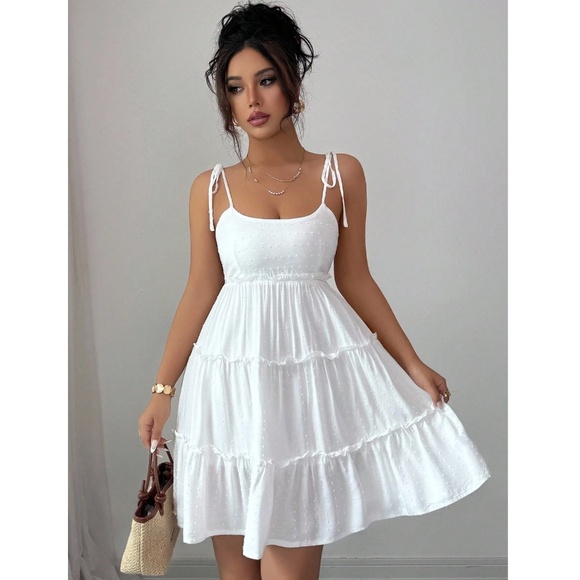 Babydoll White Summer Mini Dress Flared - Picture 9 of 13